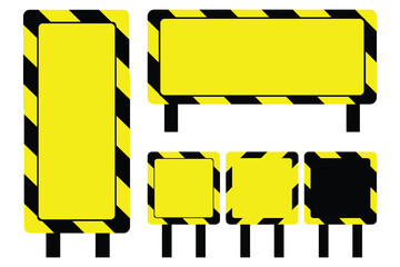 Wall Mural - Set collection blank yellow and black diagonal stripes traffic road signs different shapes isolated white background, highway route symbol signposts crime tapes caution for web mobile illustration.