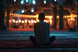 Muslim prayer in white clothes sitting in front of mosque at Ramadan night with selective focus. Neural network generated in January 2024. Not based on any actual scene or pattern.