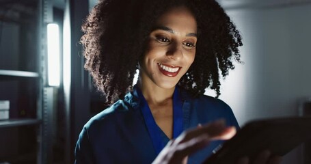 Canvas Print - Smile, engineer and woman on tablet in data center for cyber security, coding and update database. Happy, technician and information technology in server room for software, networking and programming