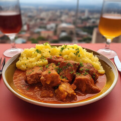 A plate of pork with sauce and mashed potatoes with a view from the rooftop