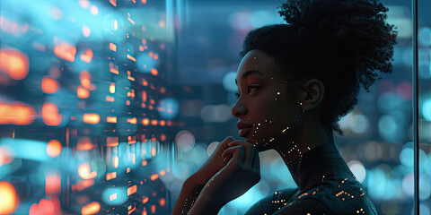 Black woman looking of Code Projected on Face and Reflecting. Software Developer Working on Innovative e-Commerce App using AI, Big Data