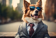 Stylish dog in sunglasses and suit posing in an urban setting.