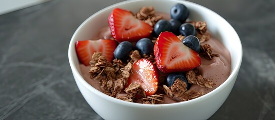 Wall Mural - A bowl filled with breakfast granola in cocoa cream yogurt, topped with fresh strawberries and blueberries, creating a colorful and nutritious morning meal.