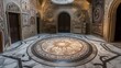 Medieval castle-inspired office, circular marble mosaic with medieval tapestry patterns. Background Castle grandeur.