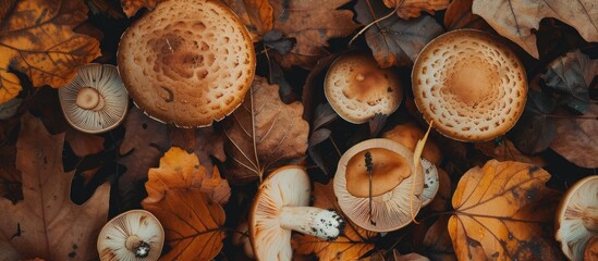 Wall Mural - Several light brown mushroom caps are sitting on a bed of fallen leaves, adding a natural touch to the forest floor.