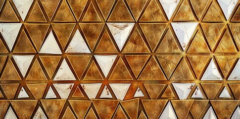 Wall Mural - Detailed view of a wooden wall featuring triangular shapes painted on it, creating a geometric pattern.