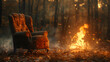 A chair sits next to a fire in the woods.