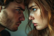 Confrontation between two people, conflict between the sexes. Side view of an angry and aggressive woman and man against each other, quarrel