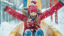 Happy Little Girl Riding A Sled On Snow Slides In Winter