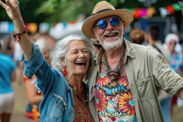 Canvas Print - Happy senior couple having fun at open air music festival