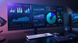 Fototapeta Panele - Futuristic Financial Analysis: Neon-Lit Monitoring Station Showcasing Real-Time Investment and Economic Trends on Multiple Screens.