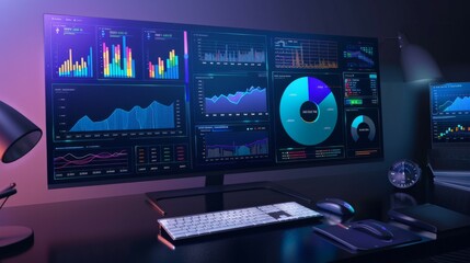  Futuristic Financial Analysis: Neon-Lit Monitoring Station Showcasing Real-Time Investment and Economic Trends on Multiple Screens.