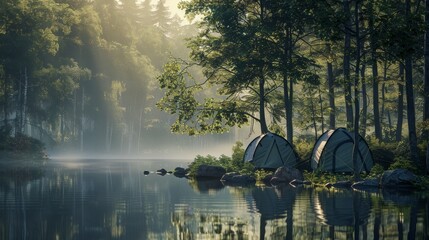 camping and tent with high iso grained picture under the pine forest