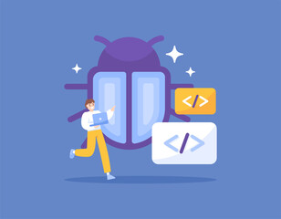 bug hunter or bug bounty concept. a software tester carries out tests and looks for bugs in a program. analysis and search for gaps in the system. illustration concept design. graphic elements. vector