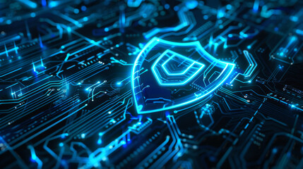 Wall Mural - glowing blue shield symbol superimposed over a complex circuit board, representing concepts of cybersecurity and data protection in the digital age.
