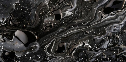 Wall Mural - A black and white abstract painting featuring various sized bubbles dispersed across the canvas, creating a dynamic and textured composition.