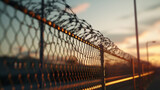 Close up of a prison fence at dusk