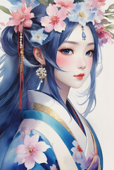 Japanese beautiful goddess watercolor illustration art, 天照大神, 罔象女神, 瀬織津姫, 着物, 女性, Generative AI