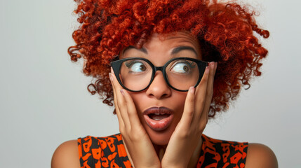 Sticker - woman with bright orange hair and black-rimmed glasses, showing a surprised expression with her hands on her cheeks and mouth open.