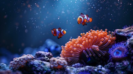 Canvas Print - Vibrant underwater seascape with clownfish and coral reefs. an ideal image for marine life illustration and educational content. AI