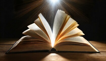 Wall Mural - open book on a wooden table, an open book with a glowing light coming out of it, a stock photo by Ram Chandra Shukla