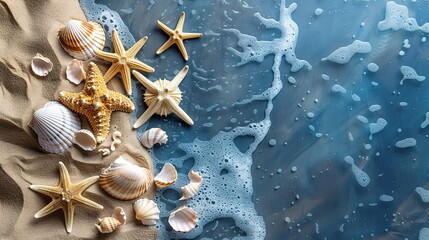 Sea sand with starfish and shells. Top view with copy space.