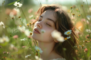 Portrait of a young dreamy girl with a natural posture, in flower field in blooming spring