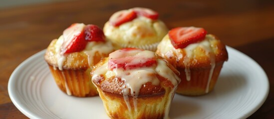 Sticker - A white plate holds several cupcakes topped with colorful icing. The cupcakes are decorated with swirls of frosting and sprinkles, making them visually appealing.