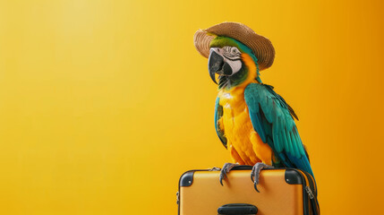 Wall Mural - Parrot sitting on suitcase with sunglasses preparing for summer trip. Creative vacation concept.