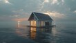 © Irina Ukrainets - Serene waterfront cabin at dusk, perfect for solitude and reflection. calm sea, subtle colors illustrate peace. ideal for wallpapers. AI