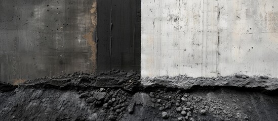 Poster - A textured black and grey concrete wall showcases a visually striking display of rough surfaces and irregular patterns. The contrast between the dark and light tones adds depth to the rugged