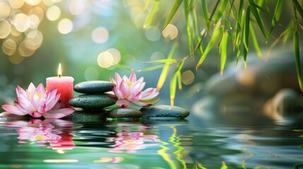 Spa: Natural Alternative Therapy With Massage Stones And Water Lily in Water with bamboo tree, scented candle, in the style of stone sculptures