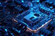© kraftbunnies - Blue electronic circuit board microchip technology with lock security system