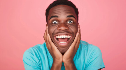 Sticker - close-up of a young man with a joyful and surprised expression, hands on his cheeks, against a vibrant pink background.