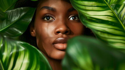 Canvas Print - young woman with a natural makeup look, partially obscured by lush green leaves