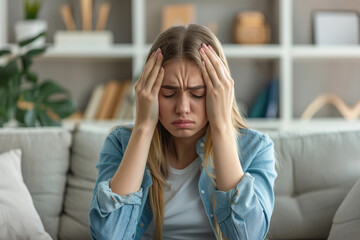 Canvas Print - Young woman holding his head in pain while sitting on the sofa