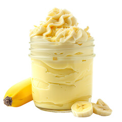 Wall Mural - front view of a delicious banana mousse in a jar isolated on a white transparent background