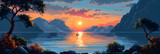 Fototapeta  - Awesome Landscape of Bright Sunset at the Seashore,
Sunset scene with a river and spring trees in the style of Japanese manga wallpaper illustration
