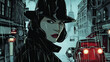 Comic-style scene of a woman detective solving a complex case in a rain-soaked noir cityscape