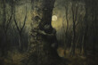Moody depiction of a solitary figure hugging a tree at dusk, finding solace and love in the quiet of the forest