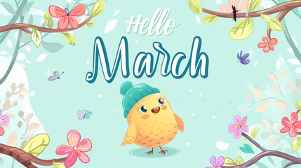 Wall Mural - March month illustration background with pastel colors drawing with written Hello March to celebrate start of the month