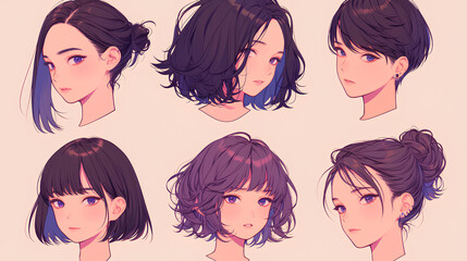 Canvas Print - set of cute anime girl hairstyles