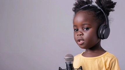 Wall Mural - A black little girl wearing headphone while singing in front of microphone against white background, background image, generative AI