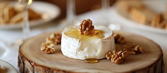 Canvas Print - A mouth-watering piece of cheese cake with walnuts and honey sits elegantly on a wooden slice, ready to be enjoyed as a delicious dessert complementing a glass of wine.