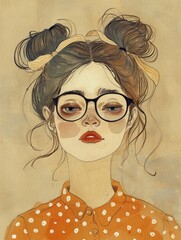 Wall Mural - A painting depicting a woman with glasses looking directly at the viewer against a neutral background.
