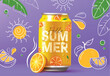 © ZeinousGDS - Summer soda can vector design. Hello summer greeting in cola drink 3d realistic elements for tropical season refreshment juice drink in orange flavor concept.  Vector illustration summer soda can
