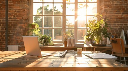 Canvas Print - Wooden table in sunny office with big windows