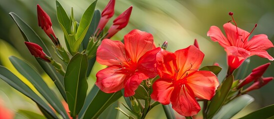 Wall Mural - A collection of bright red nerium oleander flowers gathered together in a vase, showcasing their striking color and beauty. The blossoms are clustered tightly, filling the vase with a burst of vibrant