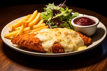 Wall Mural - Fried chicken breast with cheese, french fries and salad on plate