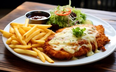 Wall Mural - Crispy fried chicken with french fries and salad on wooden table